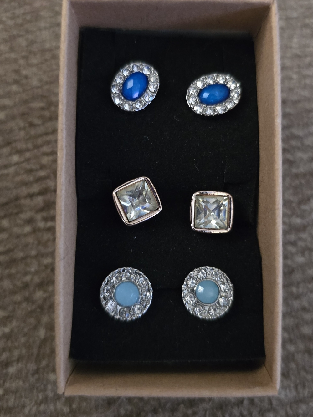 Three-Pair Women's Stud Earring Set in Blue and Clear Stones